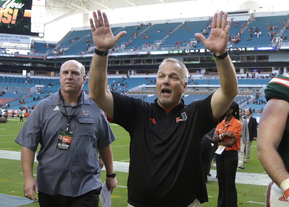 Miami head coach Mark Richt walks off the field after an the Hurricanes’ win over Virginia. (AP)