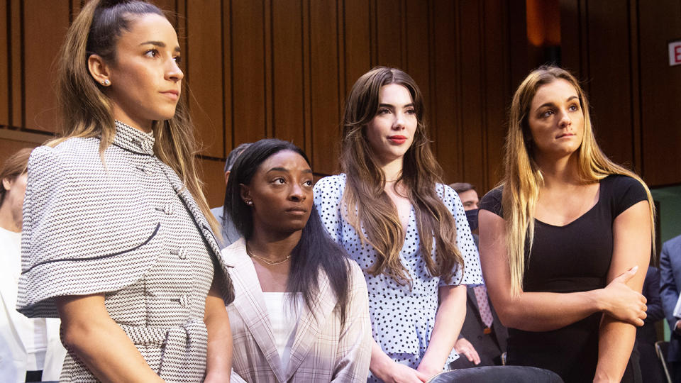 Aly Raisman, Simone Biles, McKayla Maroney and Maggie Nichols, pictured here at the Senate Judiciary Committee hearing.