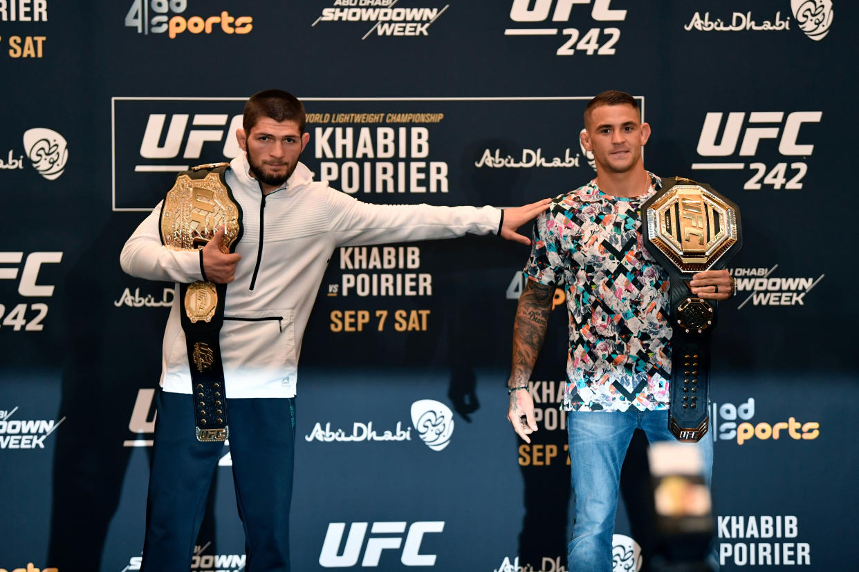 ABU DHABI, UNITED ARAB EMIRATES - SEPTEMBER 05:  (L-R) Khabib Nurmagomedov of Russia and Dustin Poirier pose for media during the UFC 242 Ultimate Media Day at the Yas Hotel on September 5, 2019 in Abu Dhabi, United Arab Emirates. (Photo by Jeff Bottari/Zuffa LLC/Zuffa LLC via Getty Images)