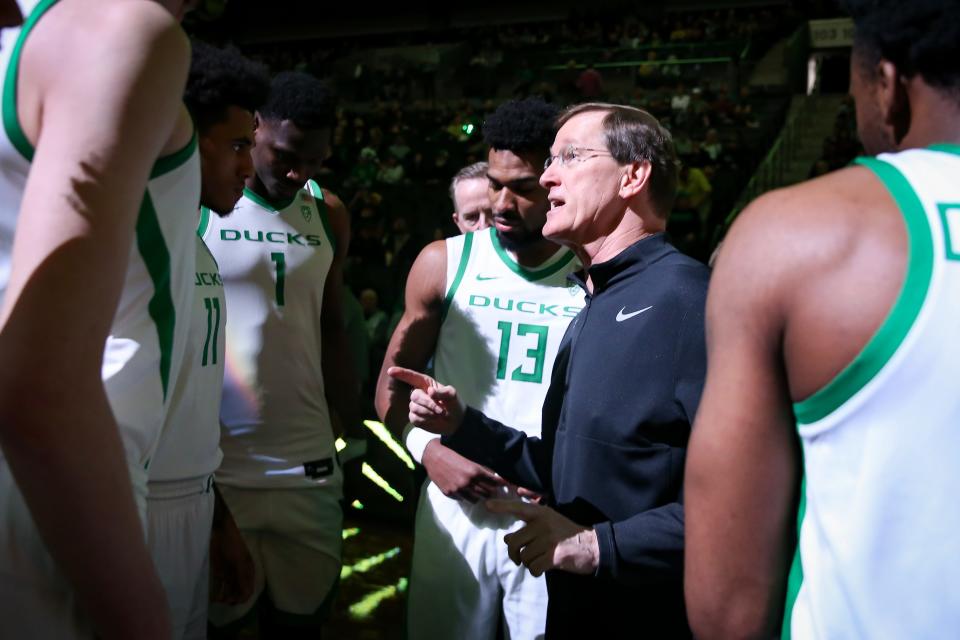 Oregon head coach Dana Altman talks to his team as the Oregon Ducks host the California Golden Bears March 2 at Matthew Knight Arena in Eugene.