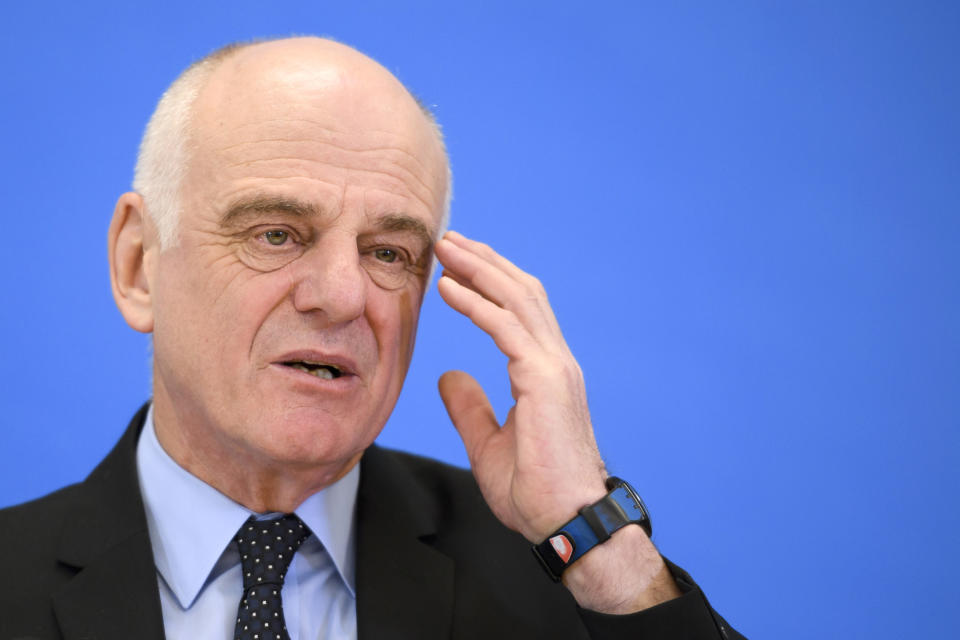 Candidate to the post of Director-General of the World Health Organization (WHO) David Nabarro gestures during a press conference on January 26, 2017 in Geneva - The World Health Organization picked three finalists for the role of its next director-general, a high-stakes choice for the powerful agency described as facing an "existential crisis". (Photo by FABRICE COFFRINI / AFP) (Photo by FABRICE COFFRINI/AFP via Getty Images)