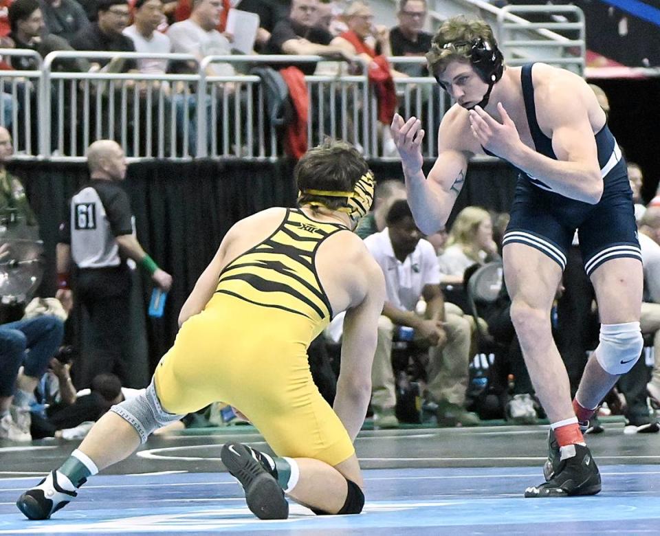 Penn State’s Bernie Truax looks for an opening on Missouri’s Colton Hawks in their 184 pound second round match of the NCAA Championships on Thursday, March 21, 2024 at TMobile Center in Kansas City, Mo. Truax edged Hawks, 4-2.
