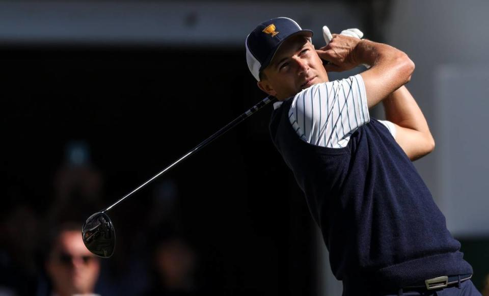 Jordan Spieth tees off during the second round of the Presidents Cup at Quail Hollow Golf Club in Charlotte, N.C., on Friday, September 23, 2022.