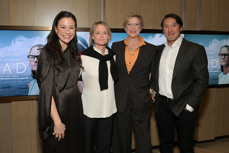 Elizabeth Chai Vasarhelyi, Jodie Foster, Annette Bening, and Jimmy Chin attend Netflix's NYAD Los Angeles Tastemaker Screening at Bay Theatre on November 14, 2023 in Pacific Palisades, California.