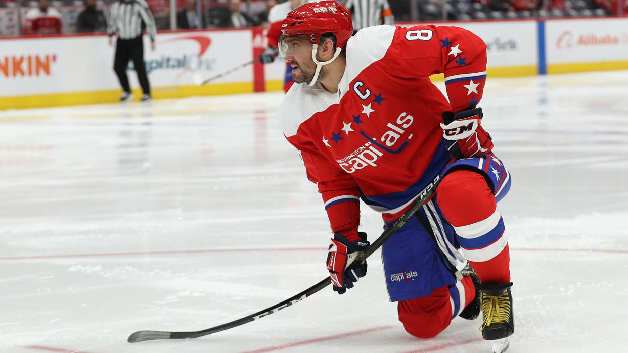 WASHINGTON, DC - MARCH 04: Alex Ovechkin #8 of the Washington Capitals shoots the puck against the Philadelphia Flyers during the second period at Capital One Arena on March 4, 2020 in Washington, DC. (Photo by Patrick Smith/Getty Images)