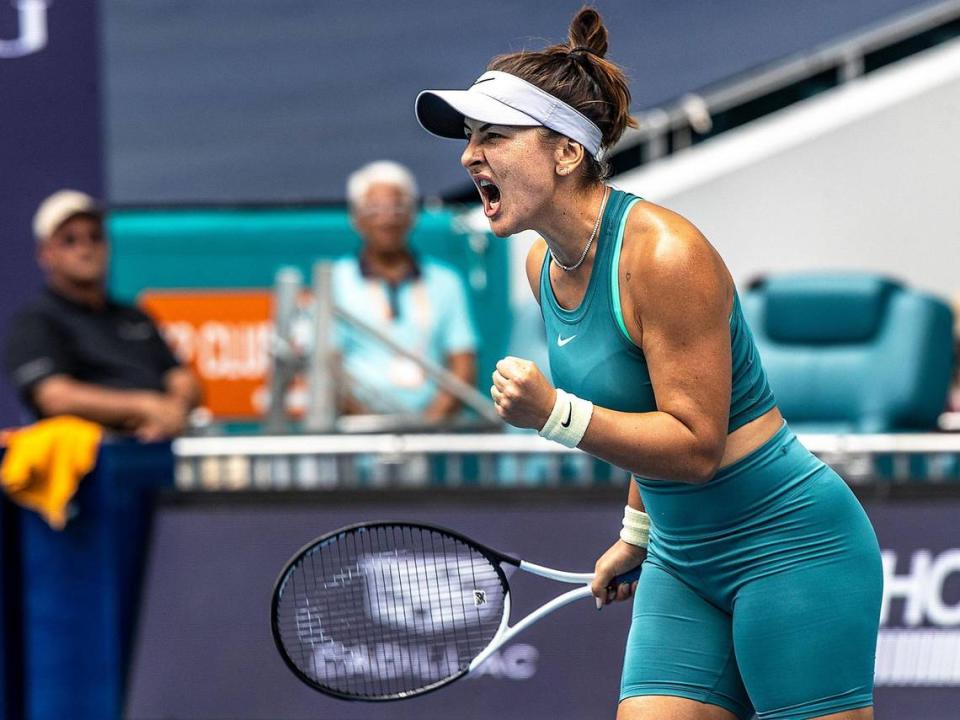 Bianca Andreescu (CAN), reacts as she scores against Maria Sakkari, (GRE) in the third set of their match at the Miami Open tennis tournament at Hard Rock Stadium in Miami Gardens, on Friday March 24, 2023.