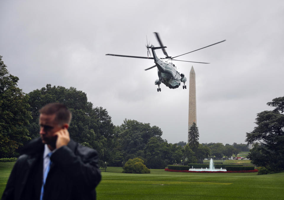 <p>Marine One helicopter, with President Donald Trump and first lady Melania Trump aboard, lifts off from the South Lawn of the White House in Washington for the short flight to nearby Andrews Air Force Base, Md., Saturday, Sept. 2, 2017. (Photo: Pablo Martinez Monsivais/AP) </p>