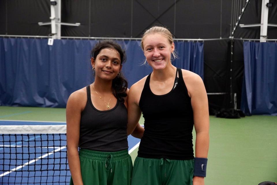 Pratyusha Chauduri (left) and Emma Wagner after winning the OHSAA Division I girls doubles tennis championship. The pair won 6-0, 6-1 in their final match of the tournament on Oct. 20, 2023 at the Aspen Racquet Club, Wooster, Ohio.