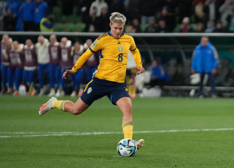 Sweden forward Lina Hurtig gets ready to kick the game-winning goal in the penalty kick shootout against the United States.