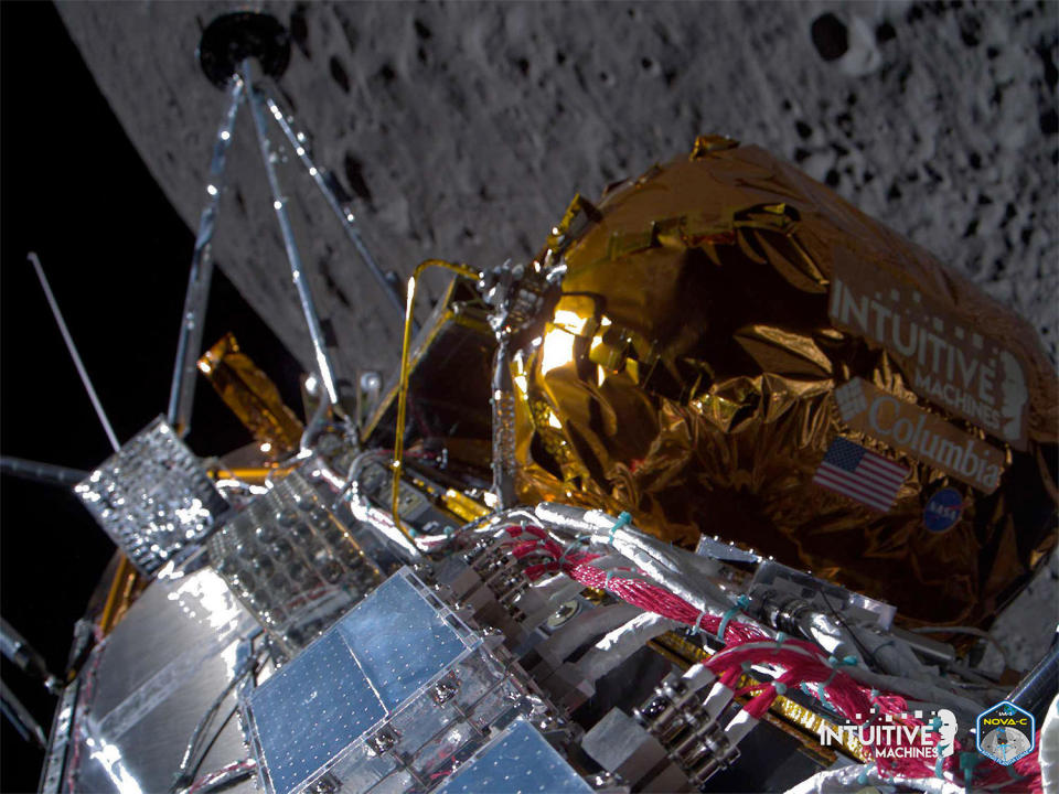 A camera on the Odysseus lander captured an image of the moon below the spacecraft after its critical engine fired Wednesday to brake it into lunar orbit.  / Credit: Intuitive machines