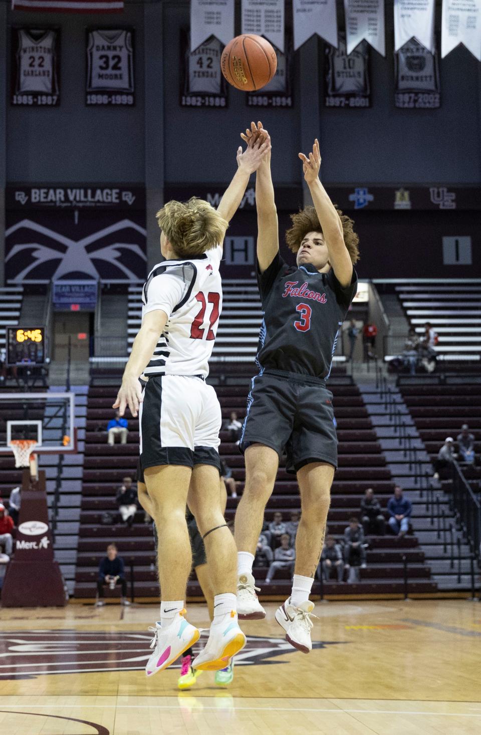 Glendale’s Amare Witham shoots a three over Branson’s Kamden Sutton in the Semifinal round of the Gold Division during the Blue and Gold Tournament at Great Southern Bank Arena on December 28, 2023.