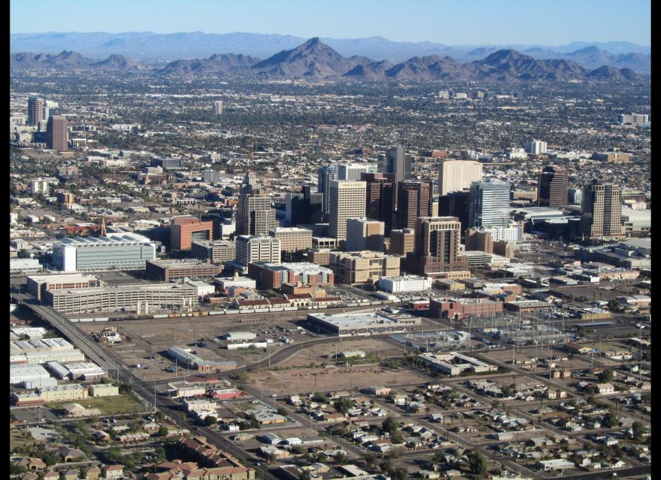 Metro area: Phoenix-Mesa-Glendale, AZ<br>  320 Buddhist adherents per 100,000 persons. <br>  Credit: Wikimedia Commons. Original photo <a href="http://upload.wikimedia.org/wikipedia/commons/8/84/Phoenix_AZ_Downtown_from_airplane.jpg" target="_hplink">here</a>. 