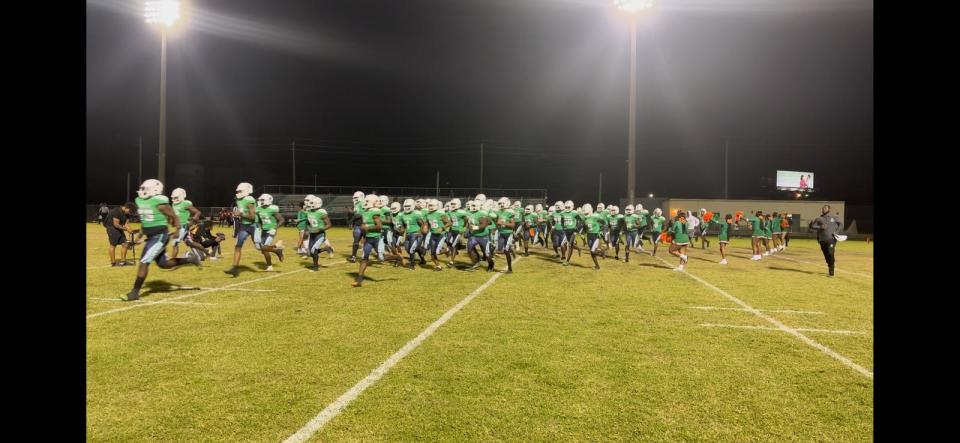 The Atlantic Eagles during a first-round high school football playoff matchup against Plantation on Nov. 14, 2022 in Delray Beach.