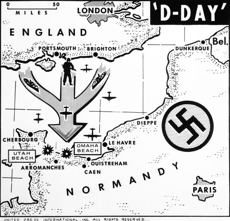 <em>UPI news map reveals the location of Utah and Omaha beaches in France, two targets of American invasion units on D-Day.</em>