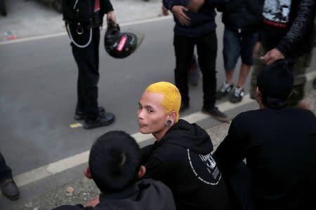 Punk community members seen during punk music festival in Bandung, Indonesia West Java province, March 23, 2017. Picture taken March 23, 2017. REUTERS/Beawiharta