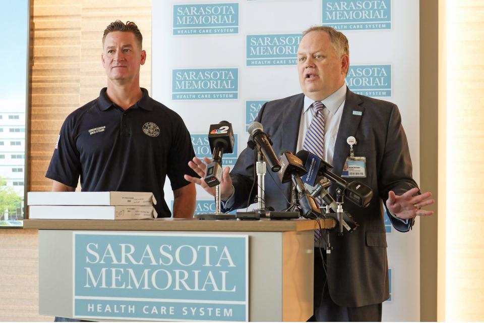 U.S.Rep. Greg Steube, left, and Sarasota Memorial Health Care System President & CEO David Verinder take questions from the media following an appreciation ceremony conducted by Steube to thank the members of the SMH trauma team that treated him following a mid-January accident when he fell off of a 25-foot ladder while trimming a tree branch.