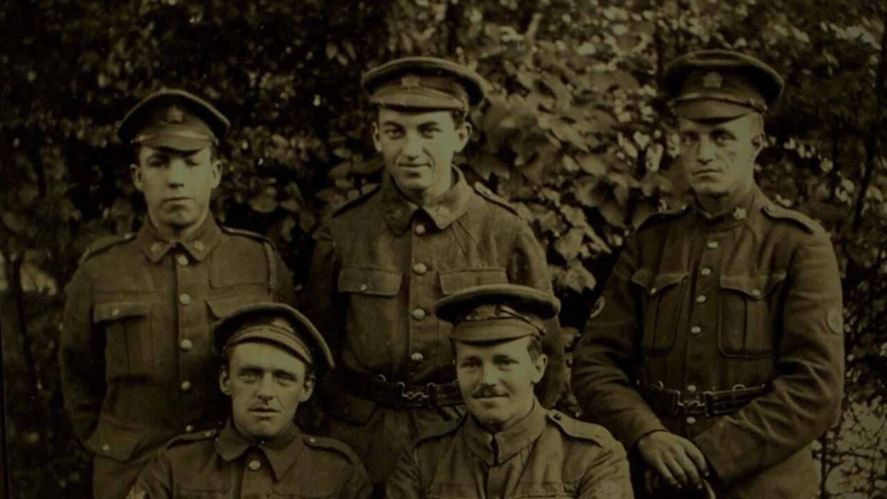 A group of soldiers is seen in this photo, one of many Stephen Davies is digitizing for the Canadian Letters and Images Project. (Claire Palmer/CBC - image credit)