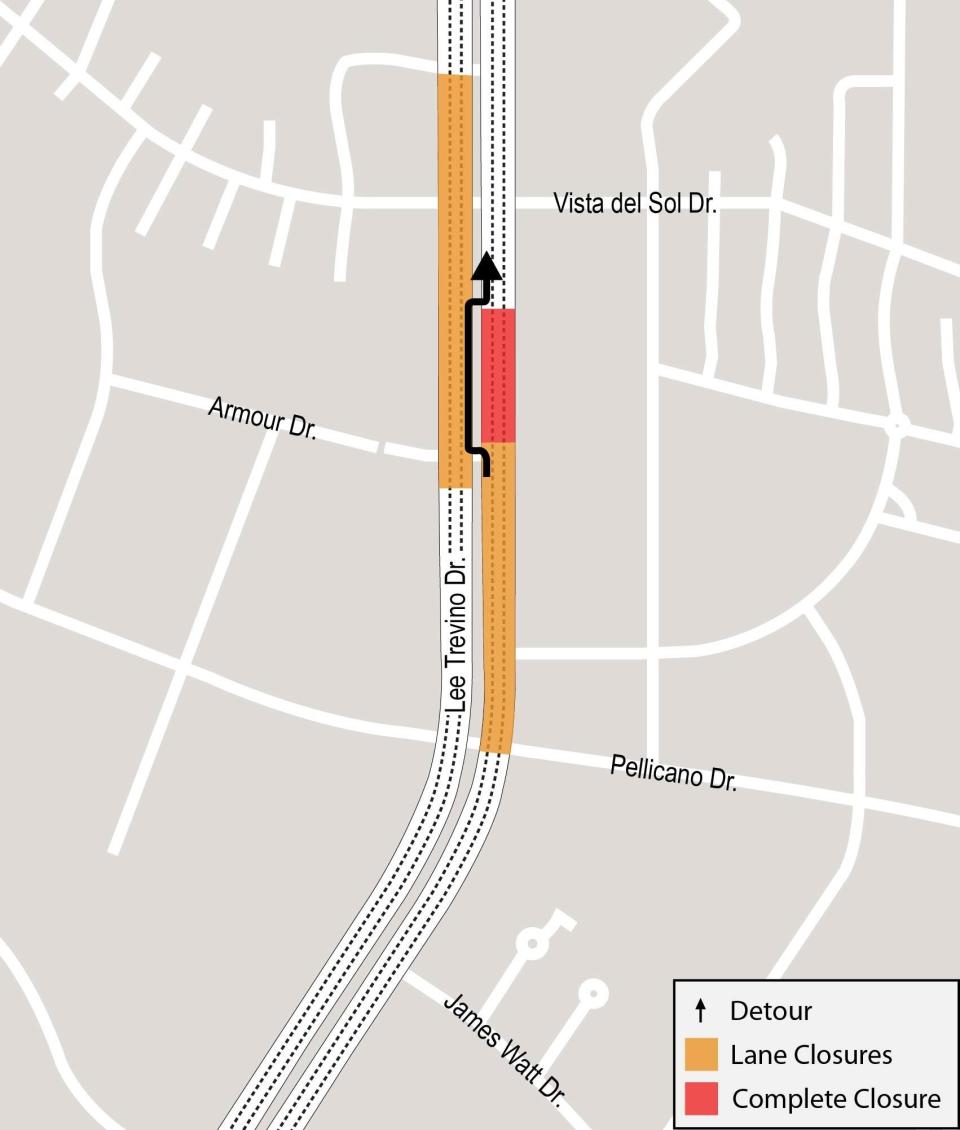 Lanes on Lee Trevino Drive, between Pellicano Drive and just past Vista del Sol Drive, will have lane closures due to an El Paso Water pipe replacement project that's scheduled to end in June.