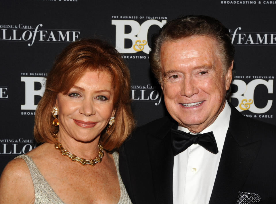 FILE - In this Oct. 27, 2010 file photo, Regis Philbin and his wife Joy Philbin attend the 20th anniversary of The Broadcasting & Cable Hall of Fame, in New York. Philbin, the genial host who shared his life with television viewers over morning coffee for decades and helped himself and some fans strike it rich with the game show “Who Wants to Be a Millionaire,” has died on Friday, July 24, 2020. (AP Photo/Peter Kramer, File)