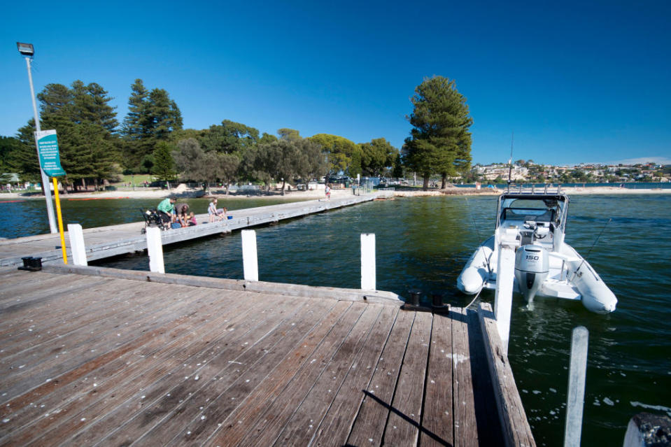 Swan River foreshore showing the sandbar and picnickers.