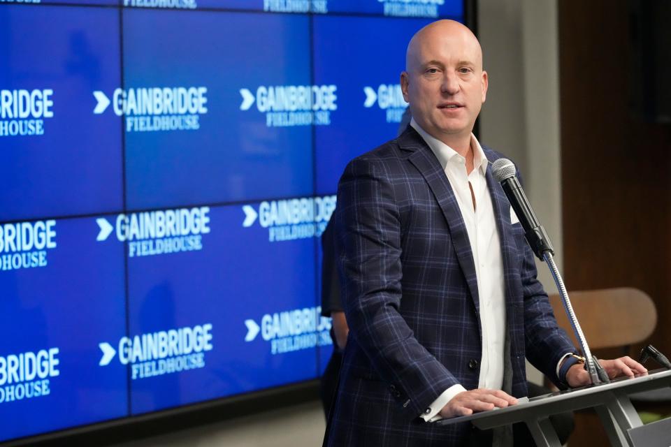 Group 1001 President & Chief Executive Officer Dan Towriss speaks during a news conference announcing that the Indiana Pacers basketball arena will be renamed Gainbridge Fieldhouse during the NBA basketball team's media day in Indianapolis, Monday, Sept. 27, 2021.