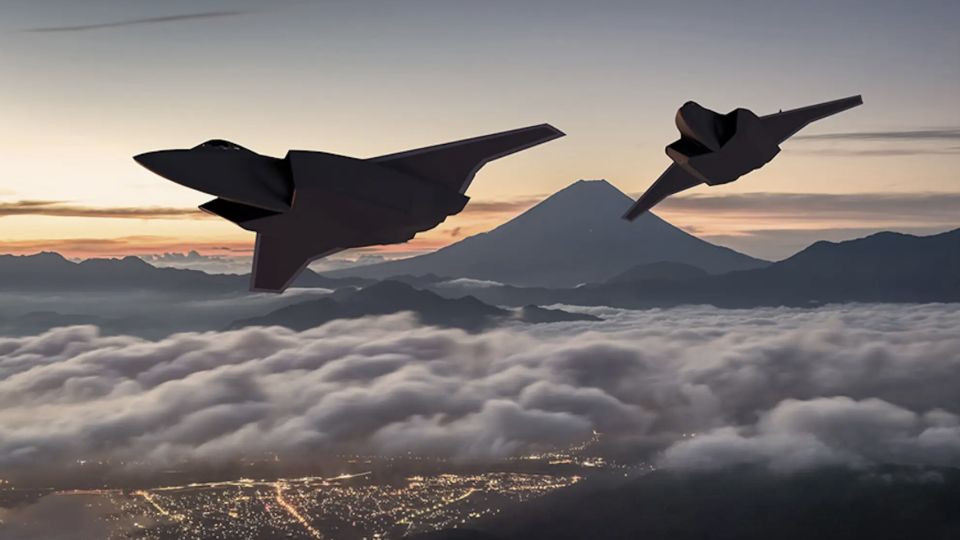 An official artist’s concept of a potential GCAP configuration, with Mount Fuji in the background. <em>MHI</em>