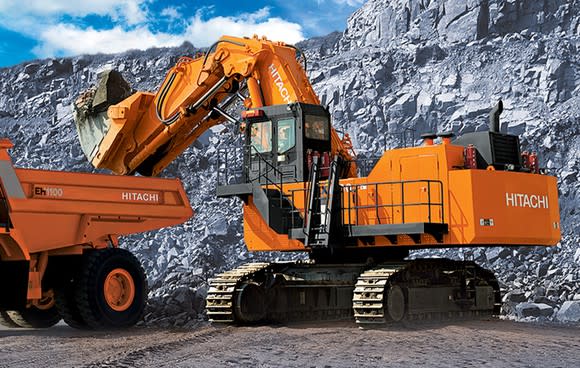 An orange Hitachi excavator and hauler working in a remote mining operation.