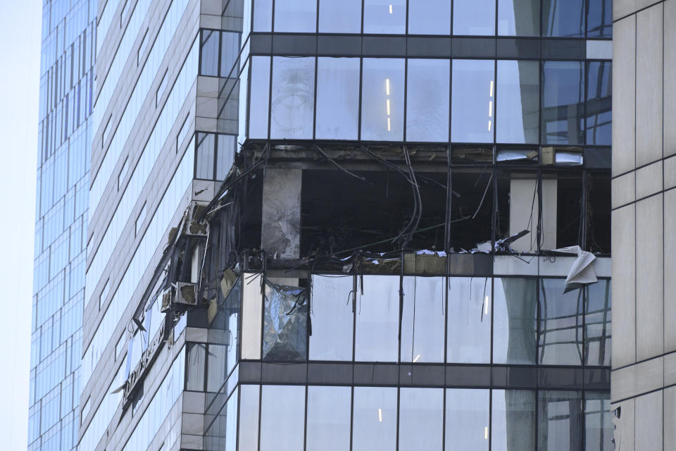 A view of the damaged skyscraper in the "Moscow City" business district after a reported drone attack in Moscow, Russia, early Sunday, July 30, 2023. (AP Photo)