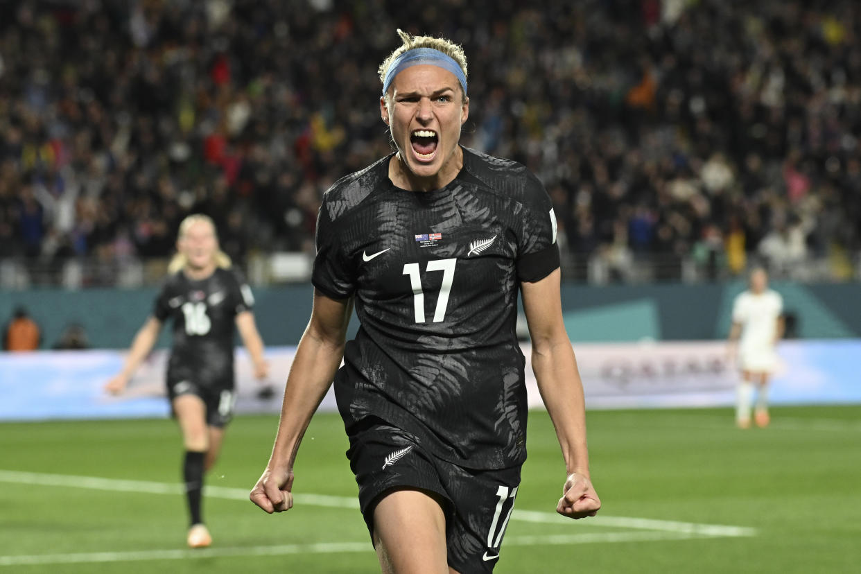 New Zealand&#39;s Hannah Wilkinson celebrates after scoring the opening goal during the Women&#39;s World Cup soccer match between New Zealand and Norway in Auckland, New Zealand, Thursday, July 20, 2023. (AP Photo/Andrew Cornaga)