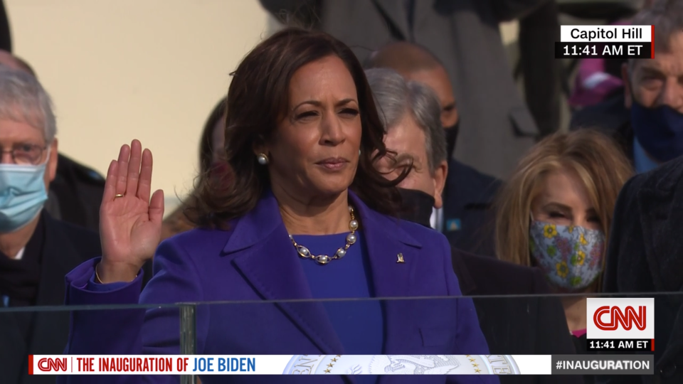 Kamala Harris being sworn in as Vice President, in a pearl necklace by Wilfredo Rosado. - Credit: CNN