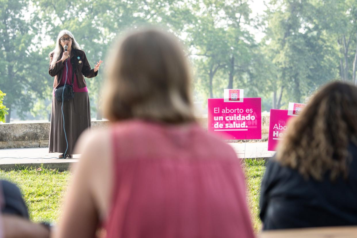 Drake University law professor Sally Frank speaks during a celebration rally at the Des Moines Biergarten at Water Works Park on Friday.