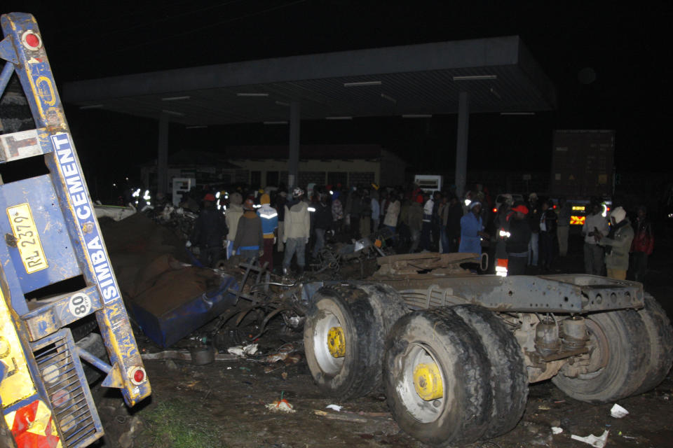 Wreckage of vehicles after the accident Saturday, July 1, 2023. At least 45 people were killed Friday when a truck rammed into several other vehicles and market traders in western Kenya, police said. The Friday evening accident occurred at a location known for crashes near the Rift Valley town of Londiani, which is about 200 kilometers (125 miles) northwest of the capital, Nairobi. (AP Photo)