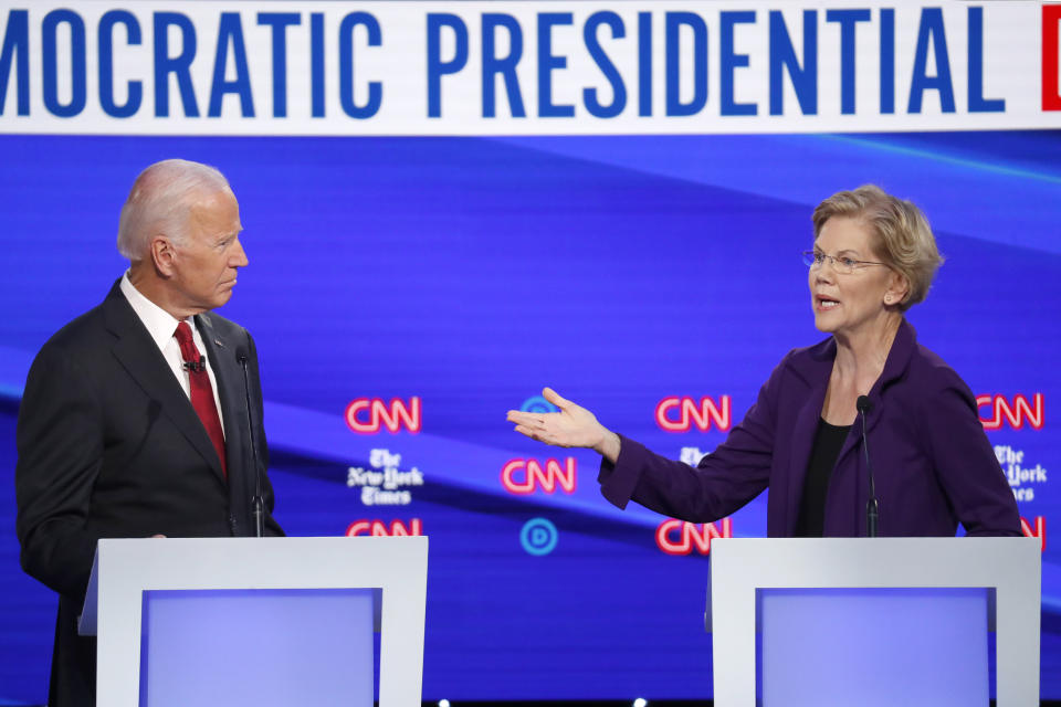 Joe Biden and Elizabeth Warren participate in a Democratic presidential primary debate hosted by CNN/New York Times at Otterbein University, on Oct. 15, 2019, in Westerville, Ohio.&nbsp; (Photo: AP Photo/John Minchillo)