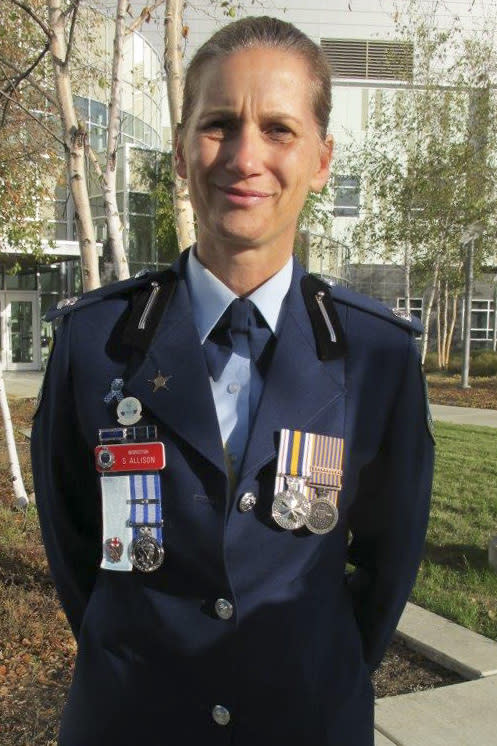 Shari Allison, chief inspector with the New South Wales Police Department, speaks after a police remembrance ceremony Friday, Sept. 27, 2019, in Anchorage, Alaska. Allison was among Australian delegates attending an international police convention who observed their region's fallen officers in the quickly planned ceremony with their Alaska counterparts. (AP Photo/Rachel D'Oro)