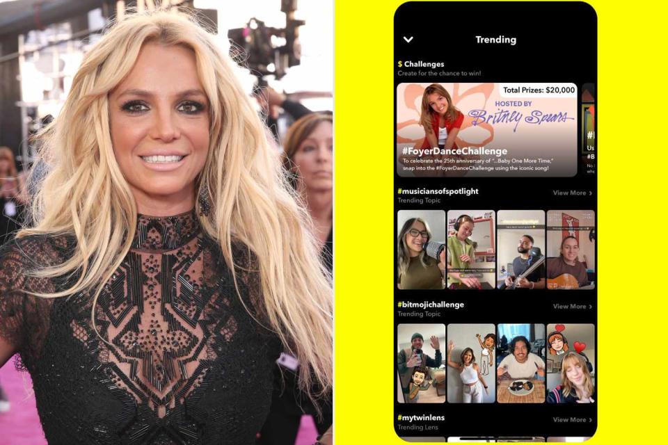 <p>Todd Williamson/Getty, Courtesy of Snapchat</p> Britney Spears and her Snapchat collaboration in honor of the 