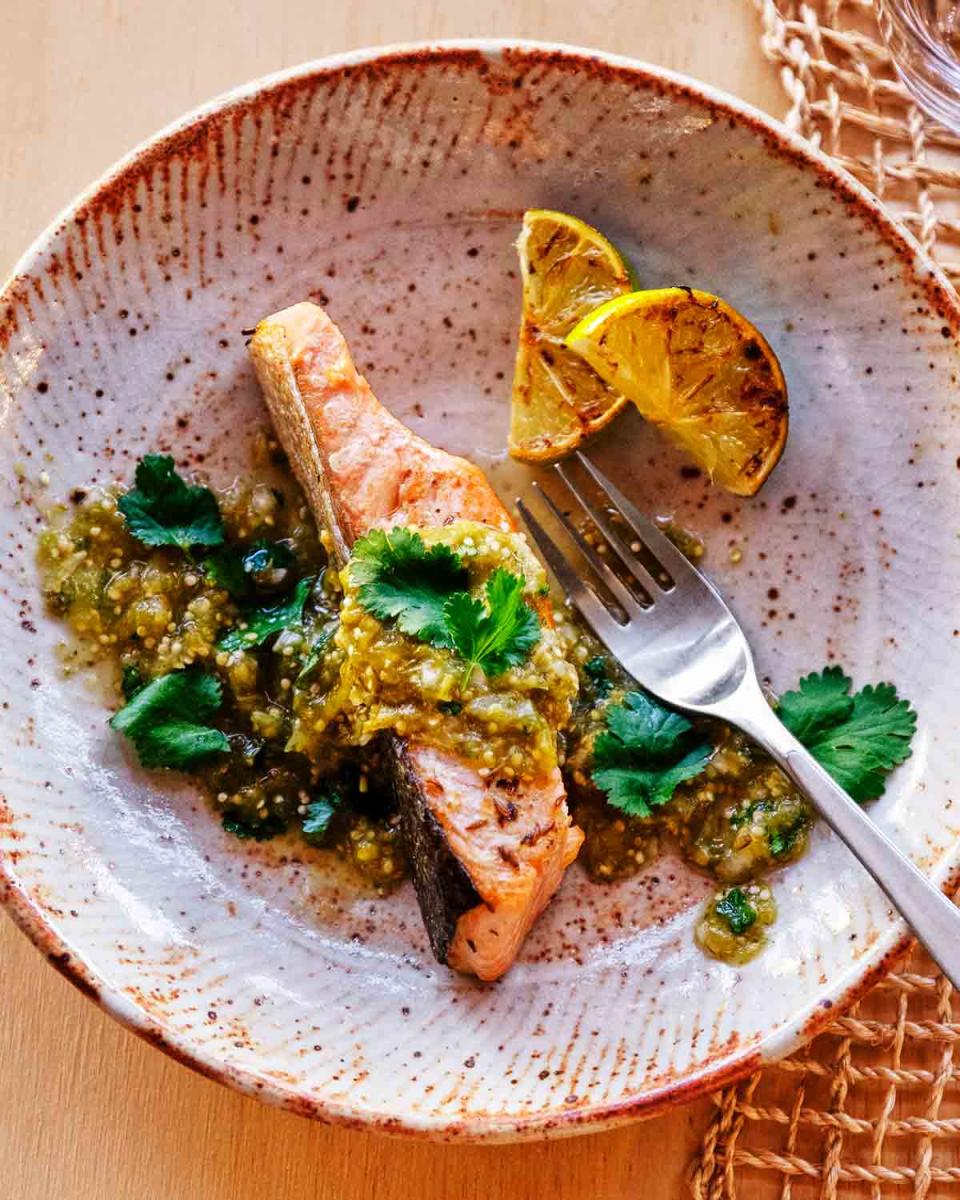 Casilla's crispy salmon with tomatillo salsa is a tribute to her father's Mexican heritage and Indigenous foodways.