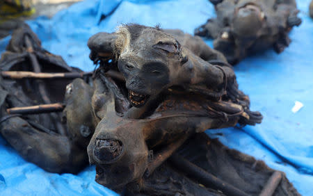 Smoked monkey meat is displayed at an open air market during the vaccination campaign aimed at beating an outbreak of Ebola in the port city of Mbandaka, Democratic Republic of Congo May 23, 2018. REUTERS/Kenny Katombe