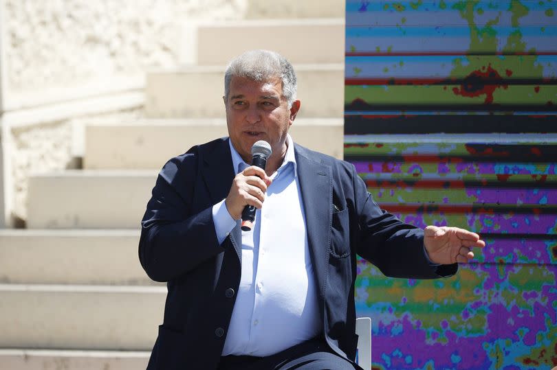 The president of FC Barcelona, Joan Laporta, speaks during the inauguration of the Castelldefels Walk of Stars, in the Plaza de las Palmeras, on 22 June, 2024 in Castelldefels, Barcelona, Catalonia, Spain.