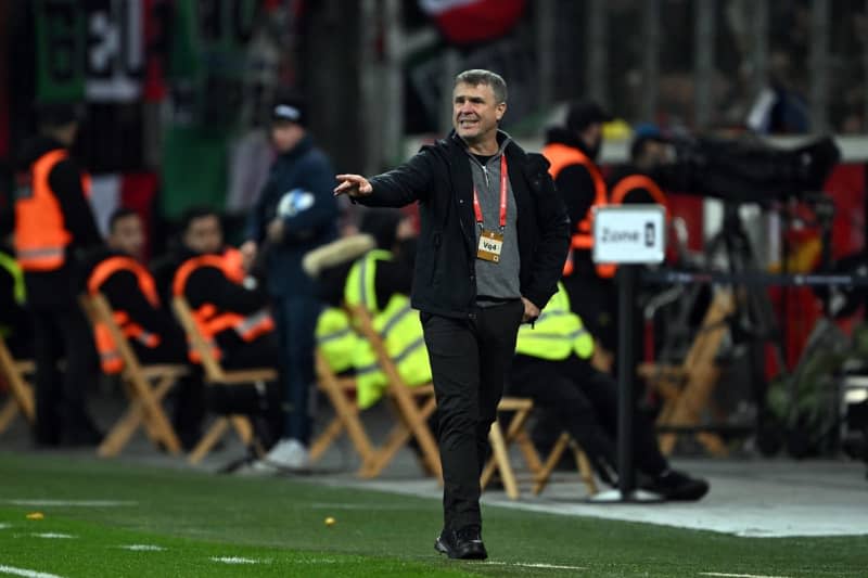 Ukraine coach Serhiy Rebrov gestures on the touchline during the UEFA European Championship qualifier Group C soccer match between Ukraine and Italy at the BayArena. Federico Gambarini/dpa