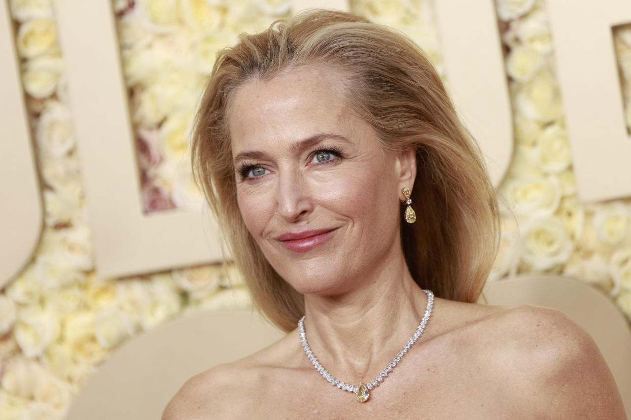 US actress Gillian Anderson arrives for the 81st annual Golden Globe Awards at The Beverly Hilton hotel in Beverly Hills, California, on January 7, 2024. (Photo by Michael TRAN / AFP) (Photo by MICHAEL TRAN/AFP via Getty Images)