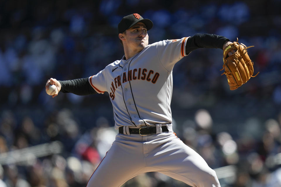 San Francisco Giants starting pitcher Ross Stripling throws during the second inning of the baseball game against the San Francisco Giants at Yankee Stadium, Sunday, April 2, 2023, in New York. (AP Photo/Seth Wenig)