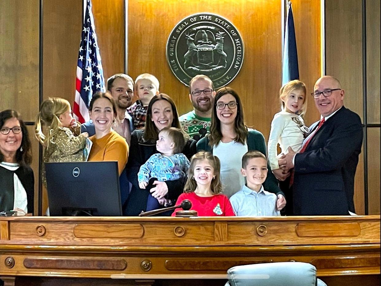 Sen.-elect Joseph Bellino, R-Monroe, far right, is joined by his family Monday, Dec. 19, 2022, at the Monroe County Courthouse after a ceremonial swearing-in ceremony to serve Michigan’s 16th Senate District. Bellino’s Senate term officially begins on Jan. 1. He will serve most of Lenawee, Monroe and Hillsdale counties.