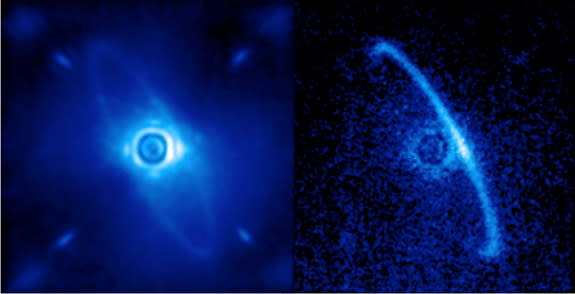 Gemini Planet Imager’s first light image of the light scattered by a disk of dust orbiting the young star HR4796A. This narrow ring is thought to be dust from asteroids or comets left behind by planet formation; some scientists have theorized t