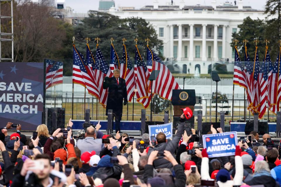 Then-President Donald Trump takes the stage at the "Stop The Steal" Rally on January 6, 2021 in Washington, DC.