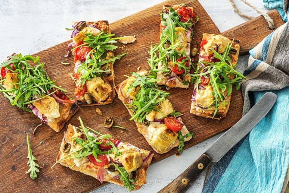 flatbread on a wooden serving board from Hello Fresh