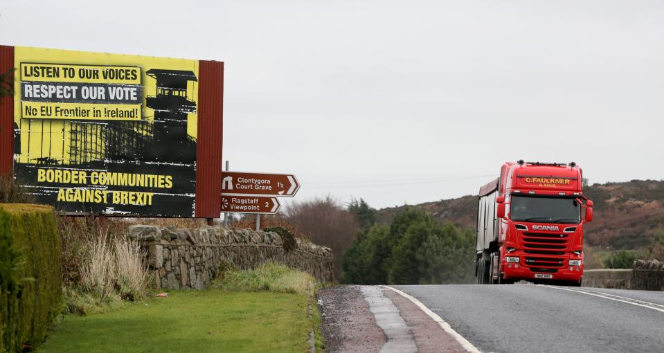 Billboards with anti-Brexit slogans next to the road outside Newry, Northern Ireland, near the border with Ireland. Photo: Paul Faith/AFP/Getty Images