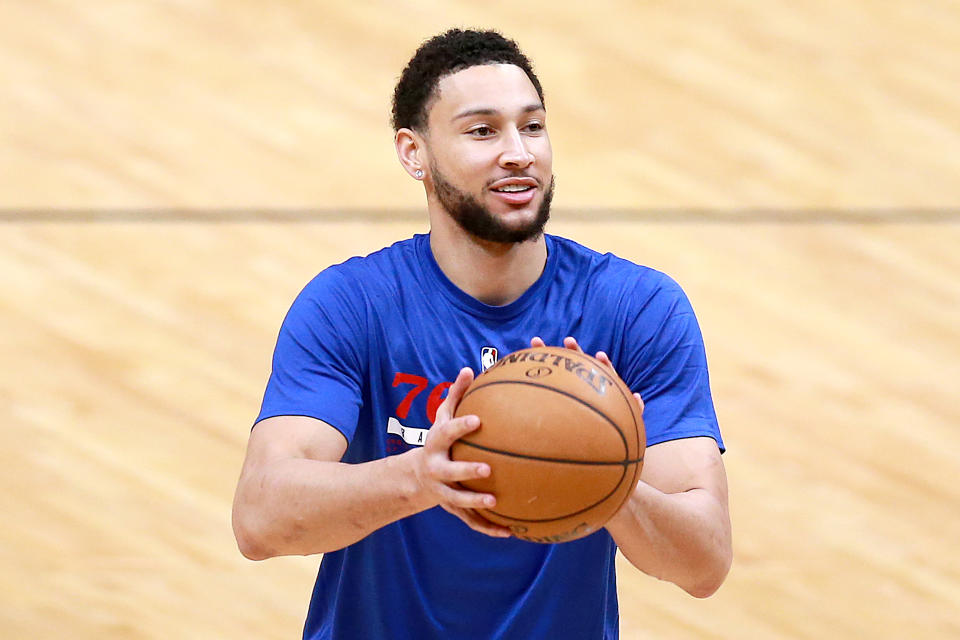 NEW ORLEANS, LOUISIANA - APRIL 09:  Ben Simmons #25 of the Philadelphia 76ers warms up prior to the start of an NBA game at Smoothie King Center against the New Orleans Pelicans on April 09, 2021 in New Orleans, Louisiana. NOTE TO USER: User expressly acknowledges and agrees that, by downloading and or using this photograph, User is consenting to the terms and conditions of the Getty Images License Agreement. (Photo by Sean Gardner/Getty Images)