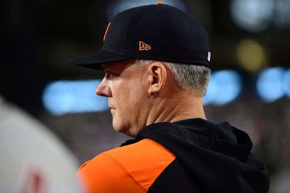 A.J. Hinch (14) reached his 84th win as Tigers manager on Saturday night in Los Angeles.