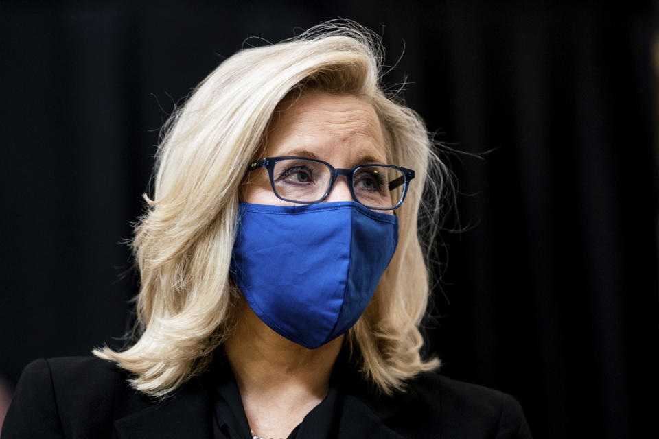 Rep. Liz Cheney wears a blue face mask