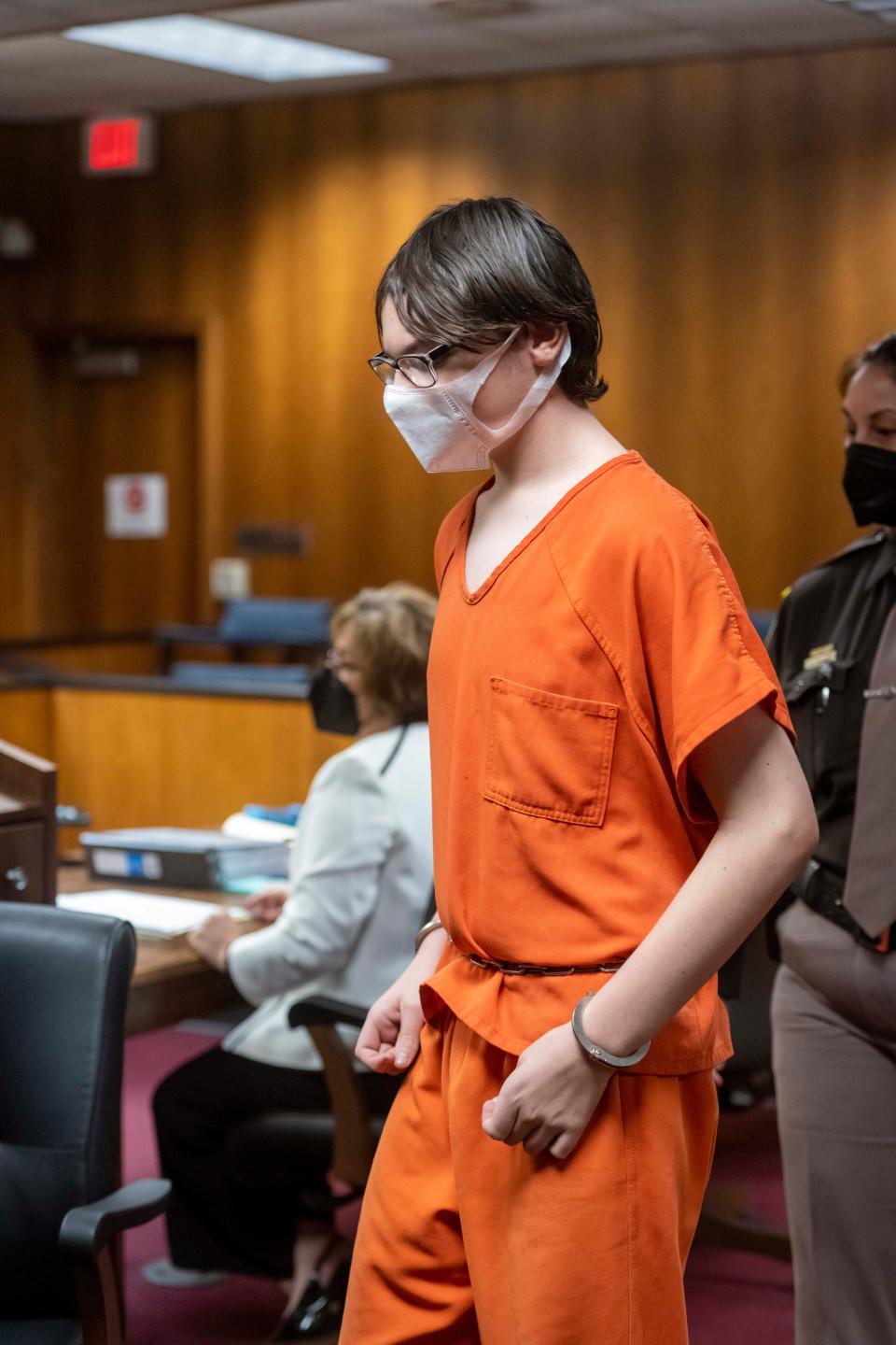 Ethan Crumbley attends a hearing at Oakland County circuit court in Pontiac, Mich., on Feb. 22, 2022. Crumbley is accused in a mass shooting that left four students dead in November 2021 at his high school.